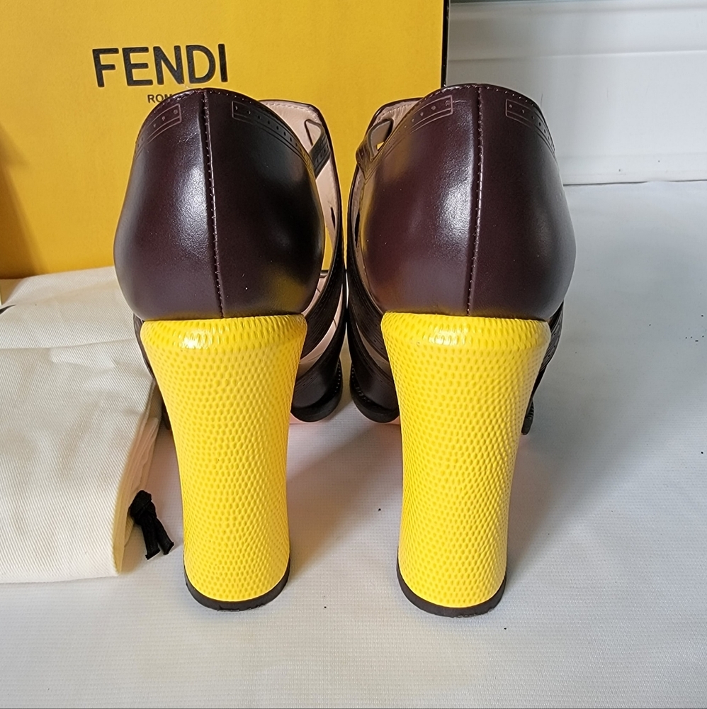 FENDI Chameleon Brown Leather Yellow Heel Mary Jane Platform Shoes - Picture 3 of 9